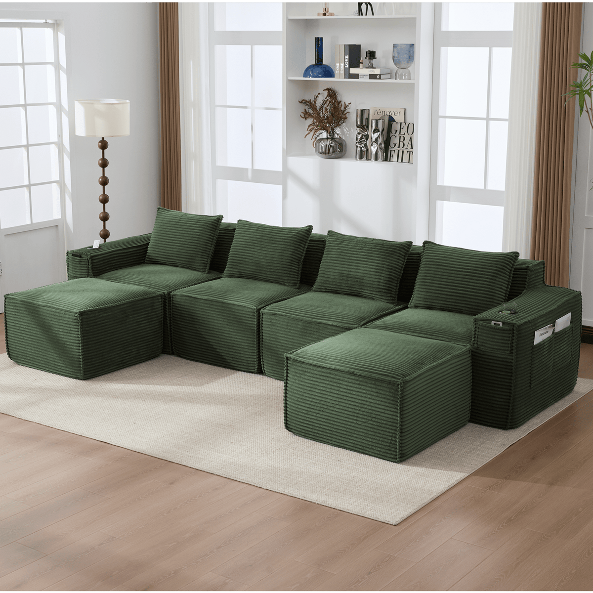 Canapé Modulable en Velours Côtelé Vert avec 2 Tabourets vert - vue 3