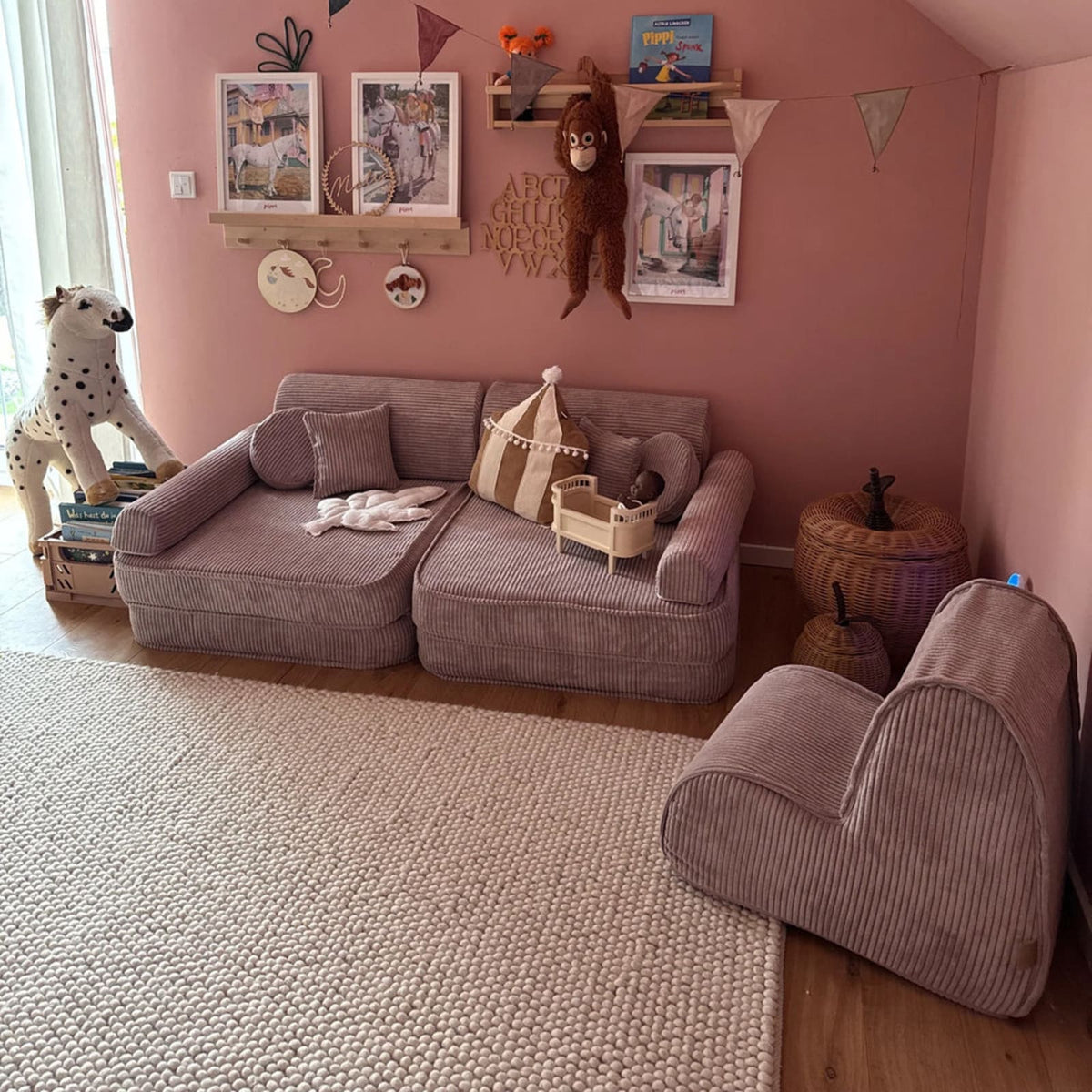 Canapé Enfant Modulable en Velours Côtelé Rose rose - vue 3