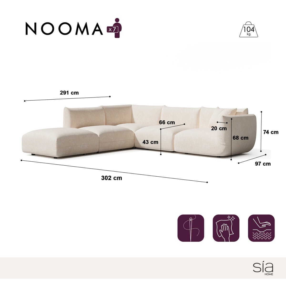 Canapé Grand Angle Gauche Modulable 7 Places en Velours Chenillé Crème crème - vue 5