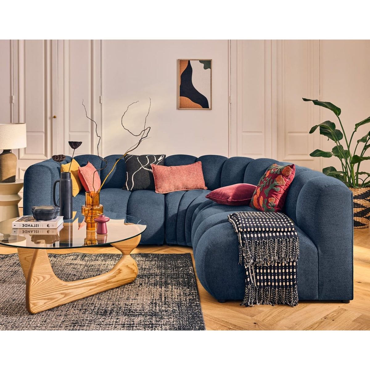 Canapé d'Angle Modulable 4 Places en Tissu Texturé Bleu bleu - vue 2