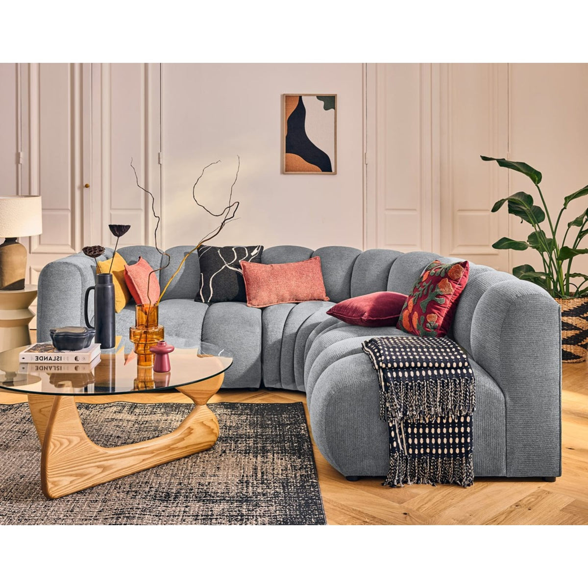 Canapé Modulable 4 Places Angle Droit en Tissu Texturé Gris gris - vue 2