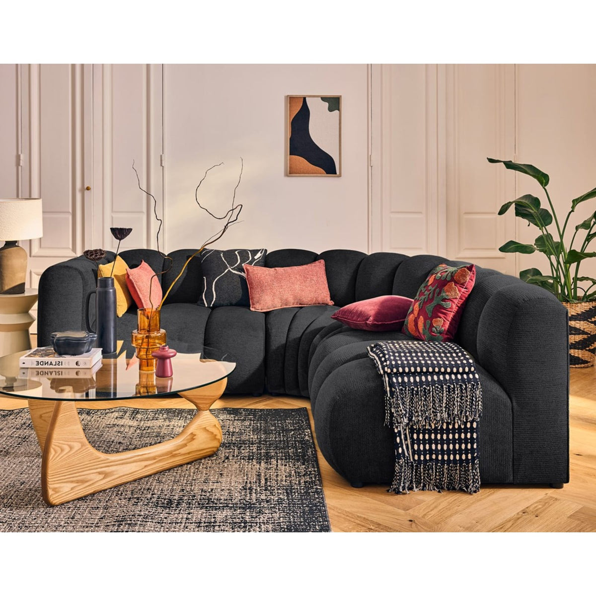 Canapé d'Angle Droit Modulable 4 Places en Tissu Texturé Noir noir - vue 2