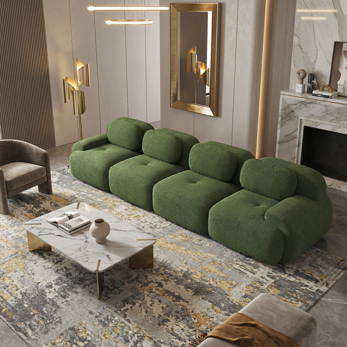 Canapé Modulable 4 Places avec Méridienne en Velours Côtelé Vert vert - vue 3