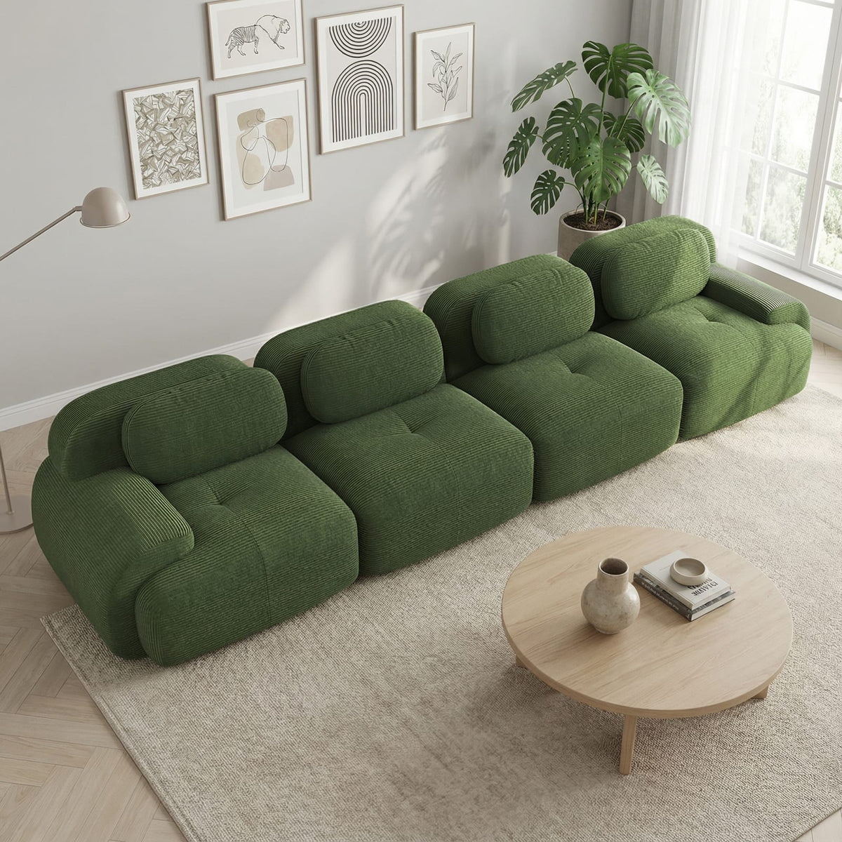 Canapé Modulable 4 Places avec Méridienne en Velours Côtelé Vert vert - vue 2