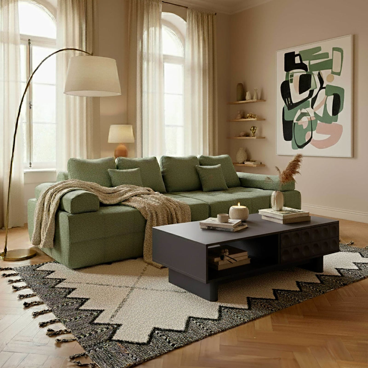 Canapé Modulable 4 Places en Tissu Effet Lin Vert vert - vue 2