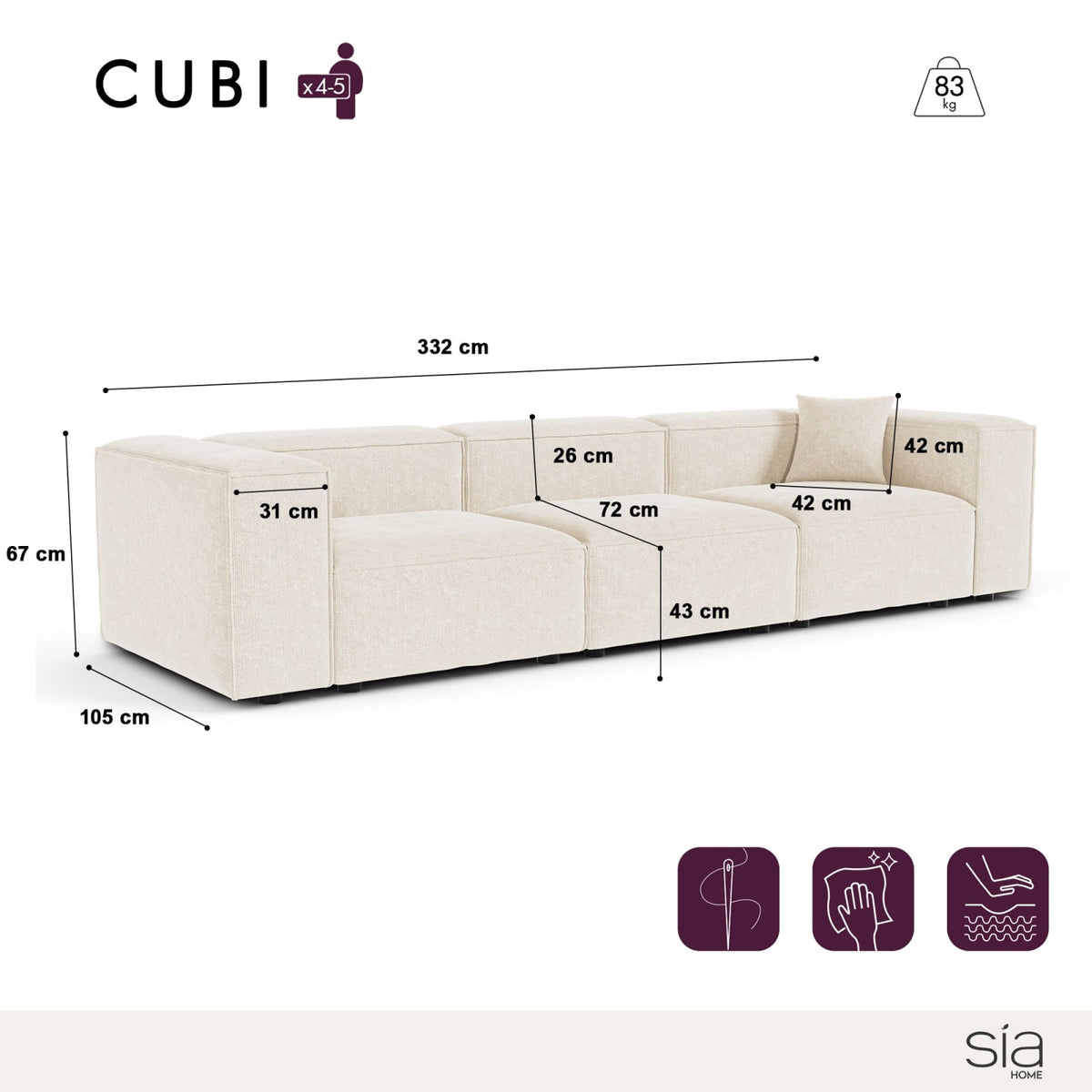Canapé Modulable 5 Places en Velours Chenillé Crème 332 cm crème - vue 3