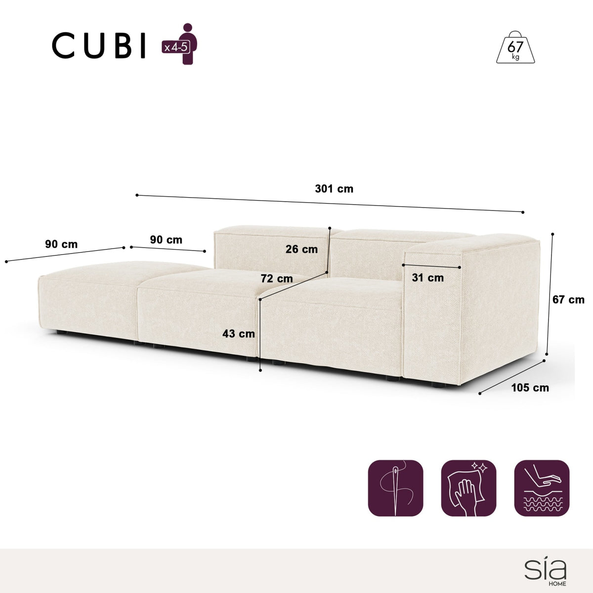 Canapé Modulable 5 Places en Velours Chenillé Crème crème - vue 3