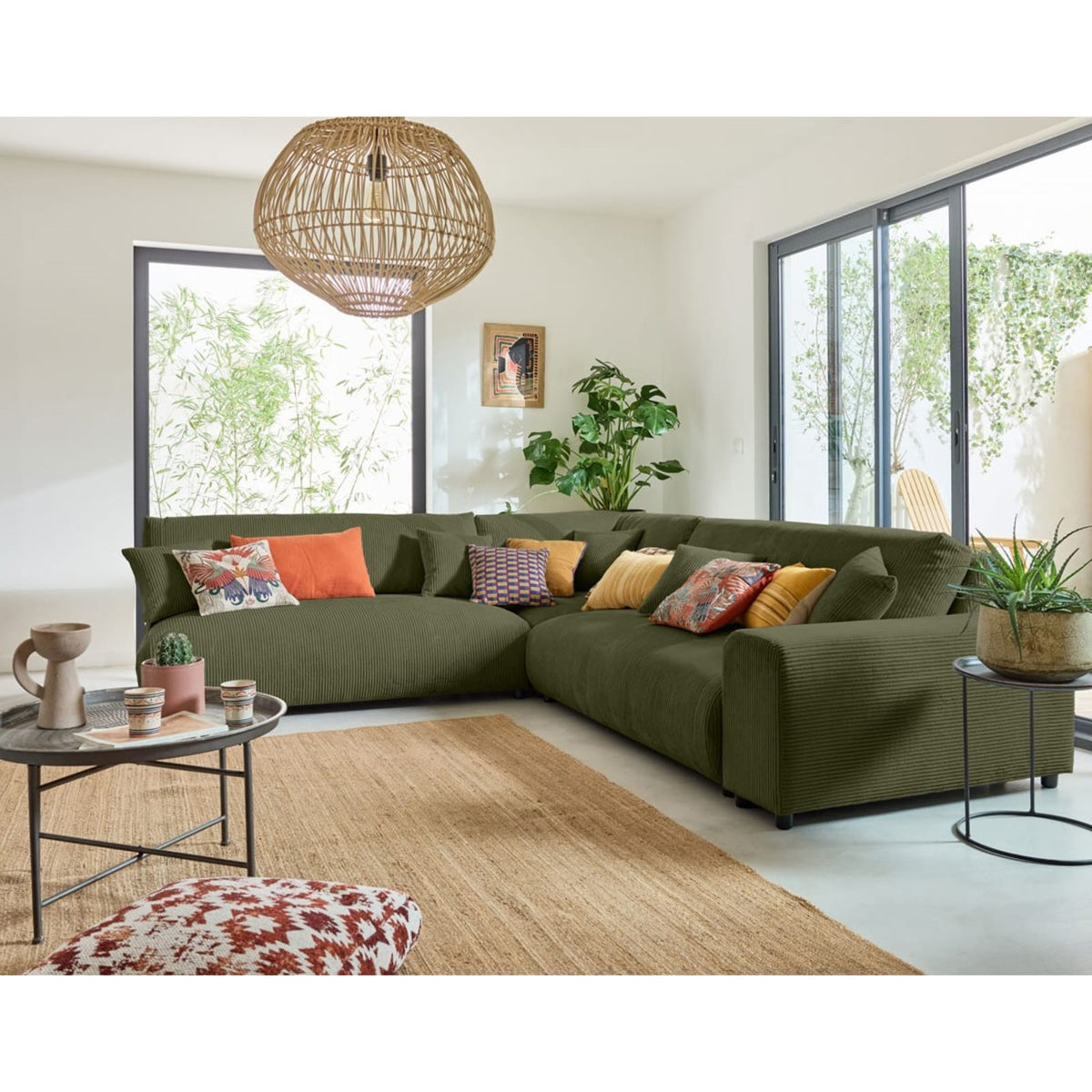 Canapé d'Angle Gauche Modulable en Velours Côtelé Vert vert - vue 2