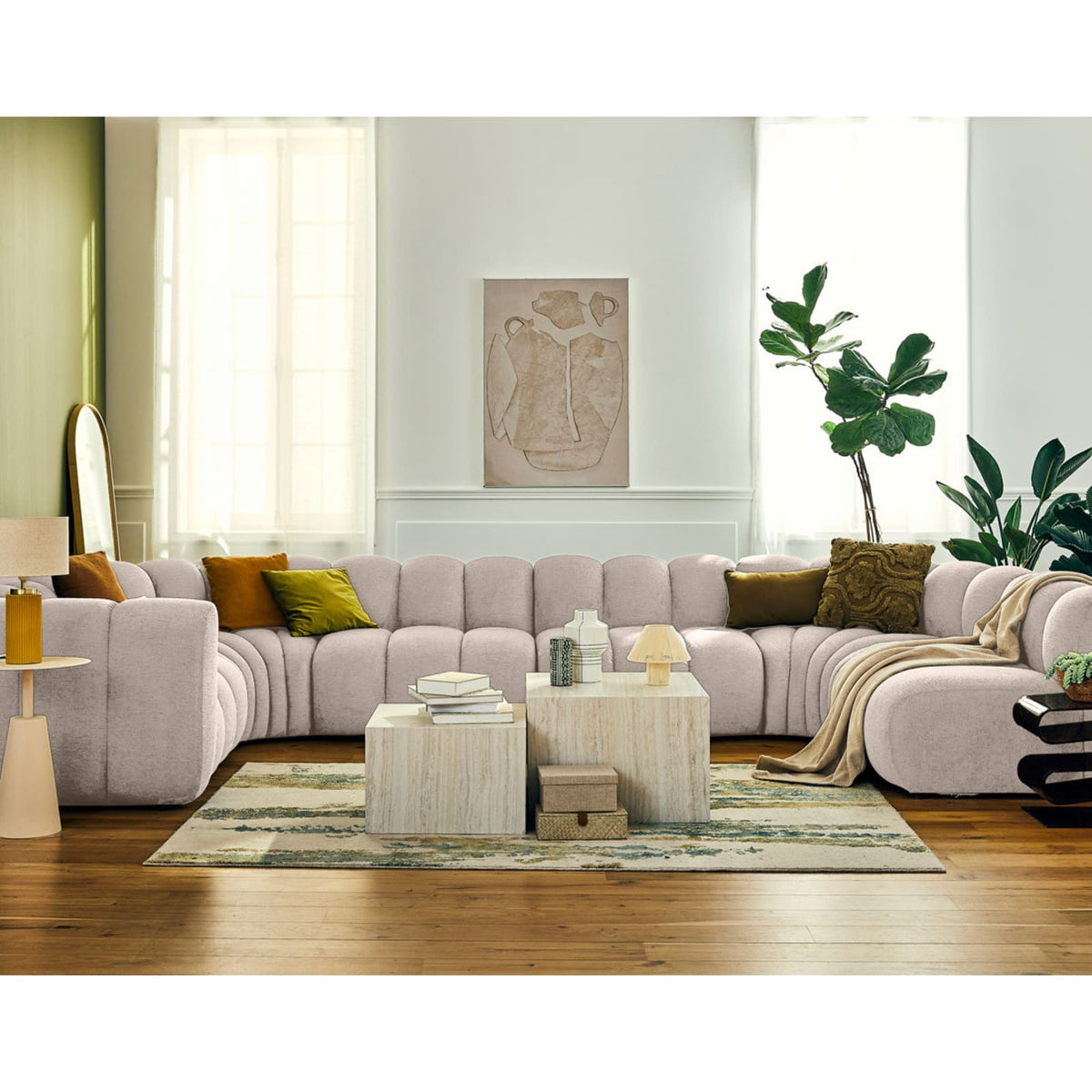 Canapé Modulable d'Angle Droit 7 Places en Tissu Texturé Beige beige - vue 2
