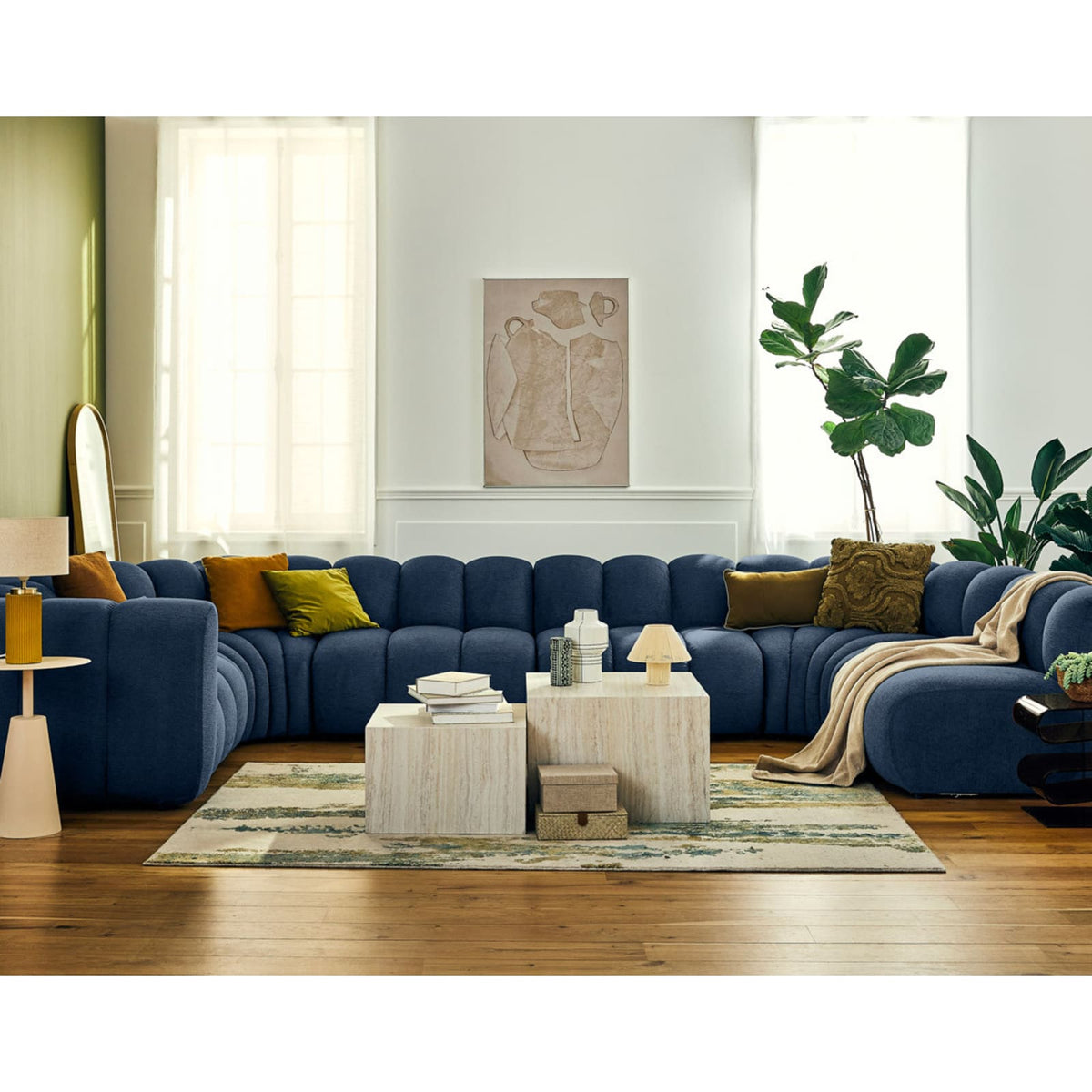 Canapé Panoramique Modulable 7 Places en Tissu Texturé Bleu bleu - vue 2
