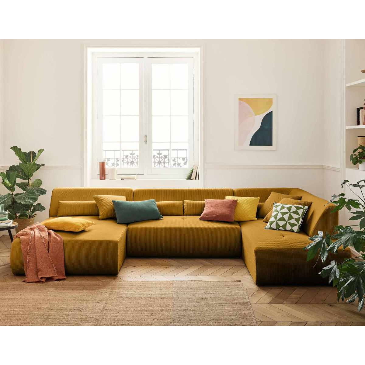 Canapé Modulable en Velours Côtelé Jaune 7 Places jaune - vue 2