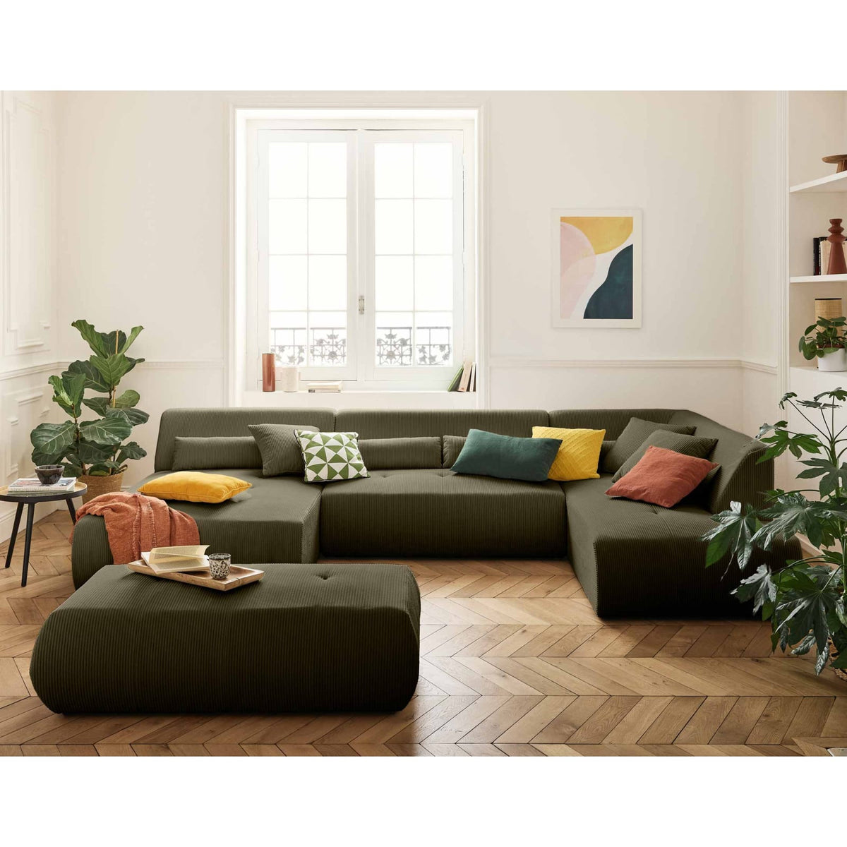 Canapé d'Angle Droit Modulable 7 Places en Velours Côtelé Vert vert - vue 3