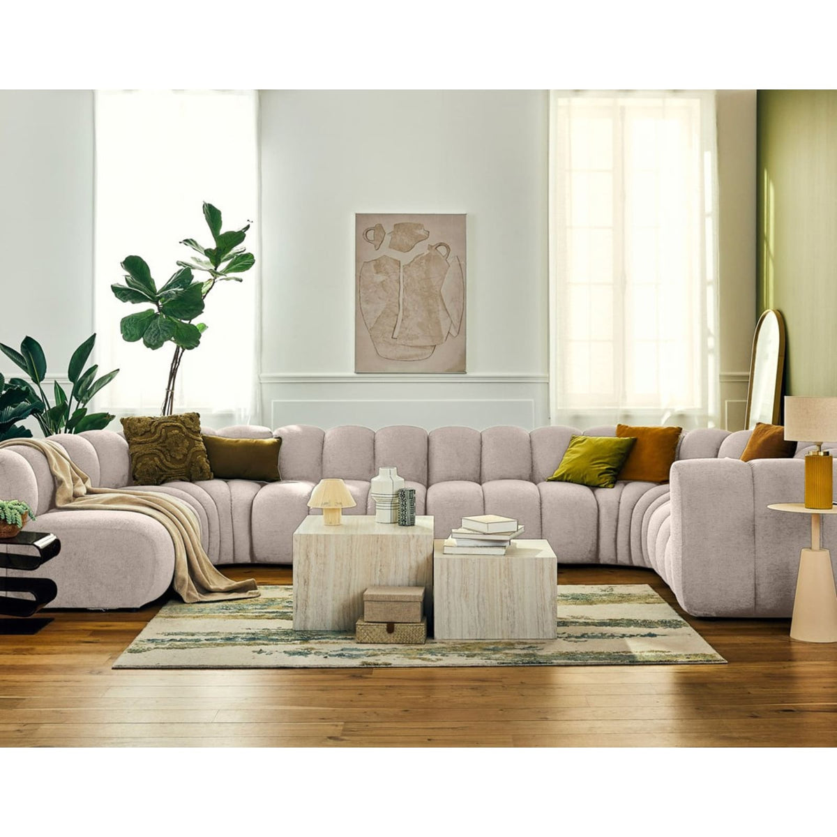 Canapé d'Angle Modulable 7 Places en Tissu Texturé Beige beige - vue 2