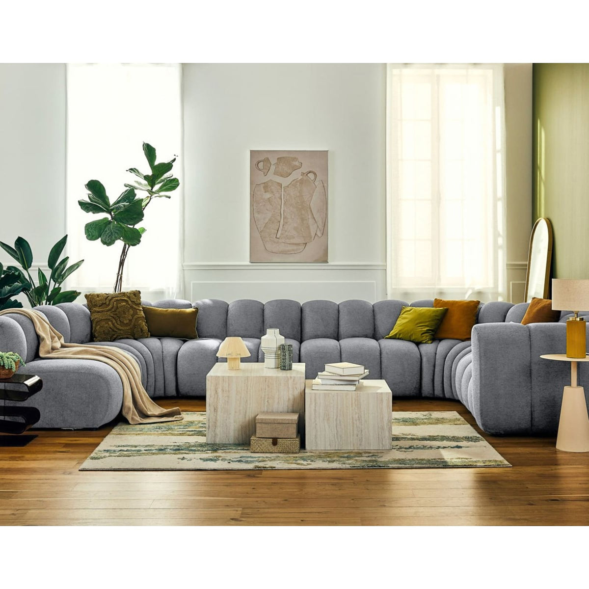 Canapé d'Angle Modulable 7 Places en Tissu Texturé Gris gris - vue 2