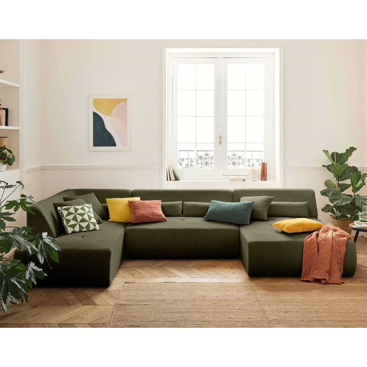 Canapé d'Angle Modulable 7 Places en Velours Côtelé Vert vert - vue 2