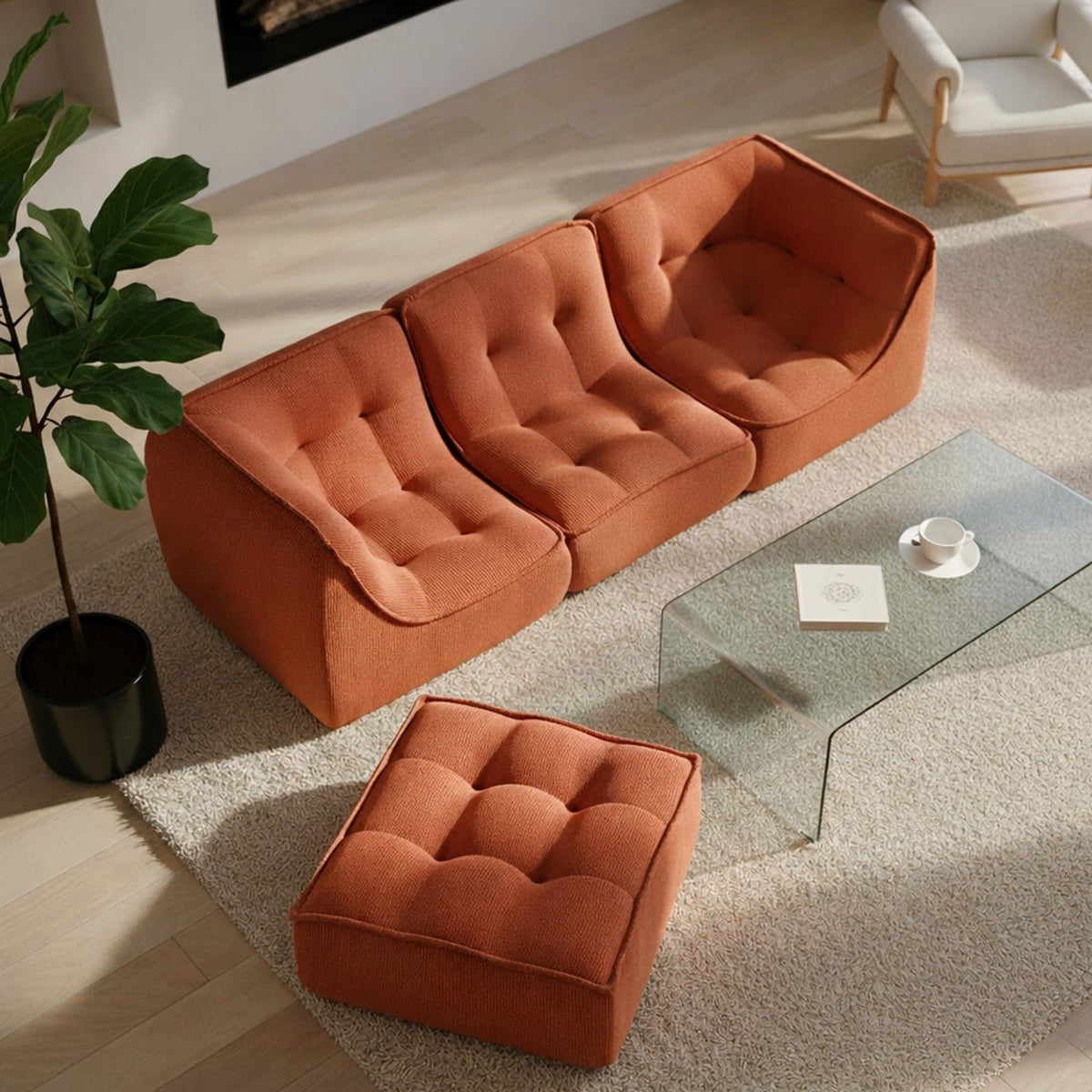 Canapé Modulable 3 Places avec Pouf en Velours Côtelé Terracotta terracotta - vue 6