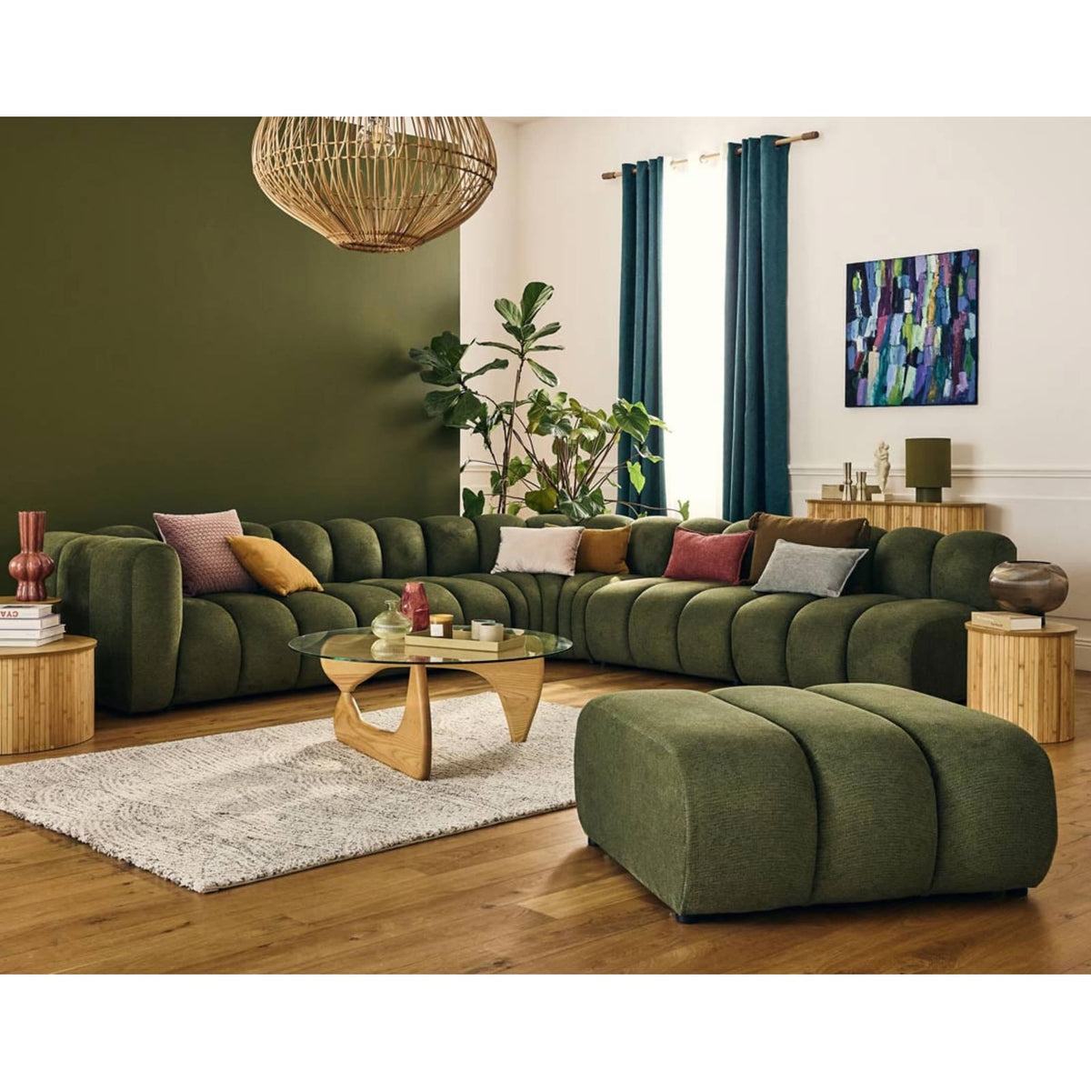 Canapé Modulable d'Angle Droit 5 Places en Tissu Texturé Vert vert - vue 2