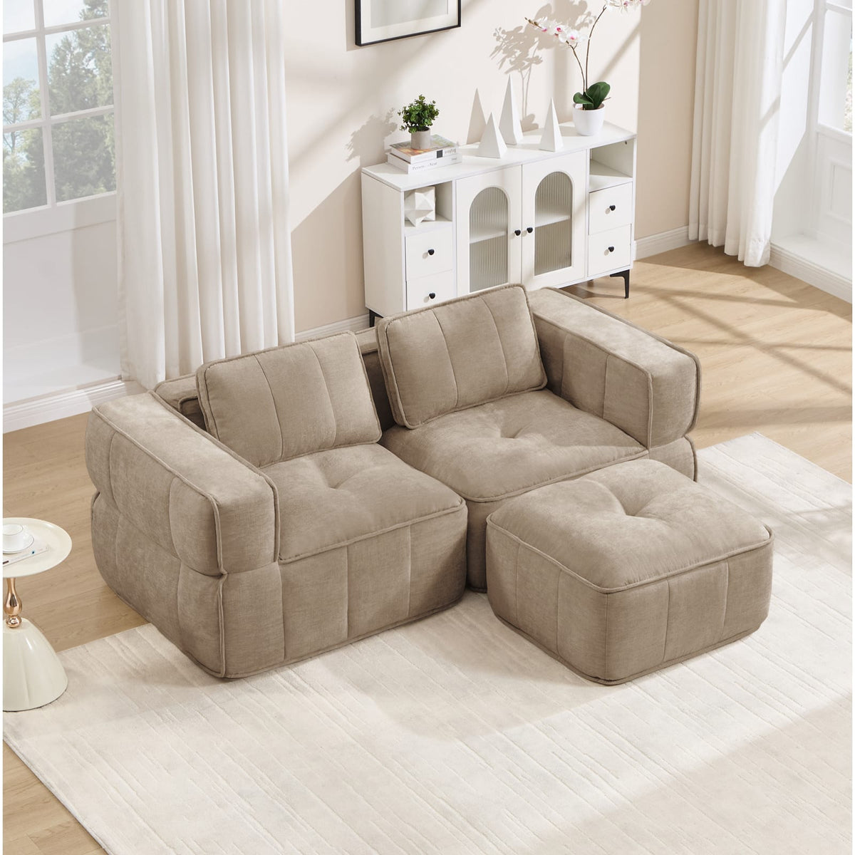 Canapé Modulable d'Angle en Polyester Sable avec Pouf sable - vue 2