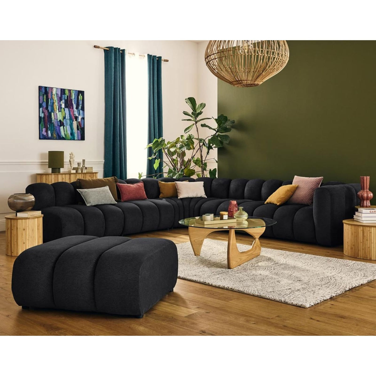 Canapé d'Angle Gauche Modulable 5 Places en Tissu Texturé Noir noir - vue 2