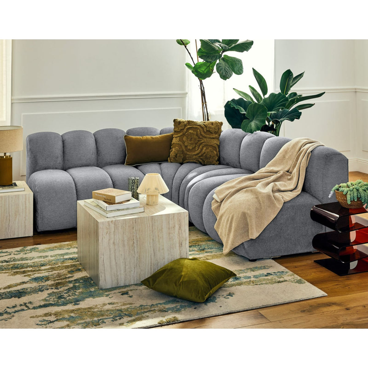 Canapé d'Angle Modulable Réversible 4 Places en Tissu Texturé Gris Gris - vue 3