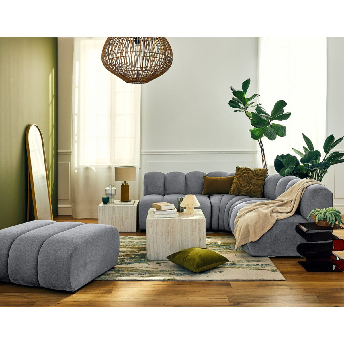 Canapé d'Angle Modulable Réversible 4 Places en Tissu Texturé Gris Gris - vue 2
