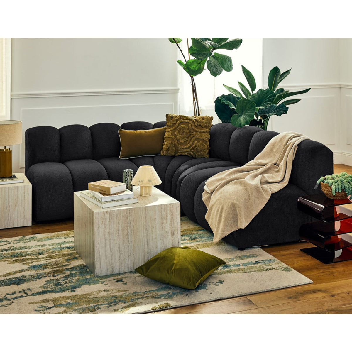 Canapé d'Angle Modulable Réversible en Tissu Texturé Noir noir - vue 3