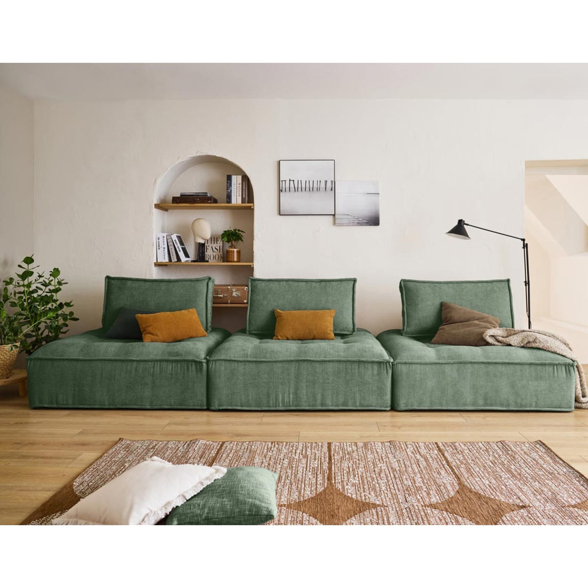 Canapé Modulable Droit 3 Places en Velours Texturé Vert vert - vue 2