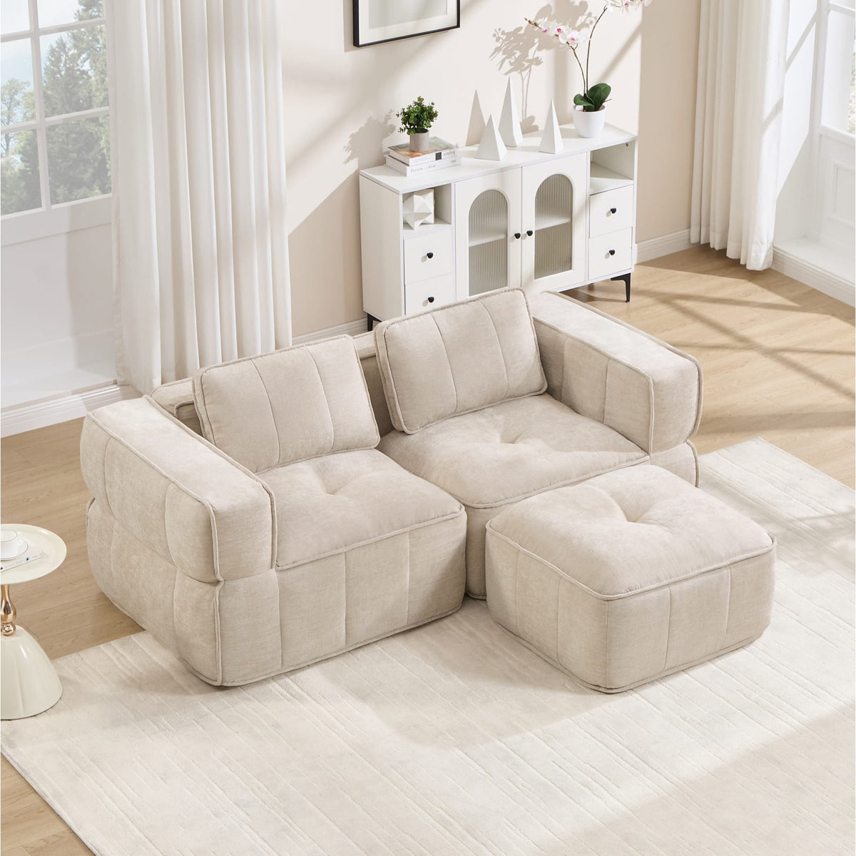 Canapé Modulable en Polyester Beige avec Pouf beige - vue 5