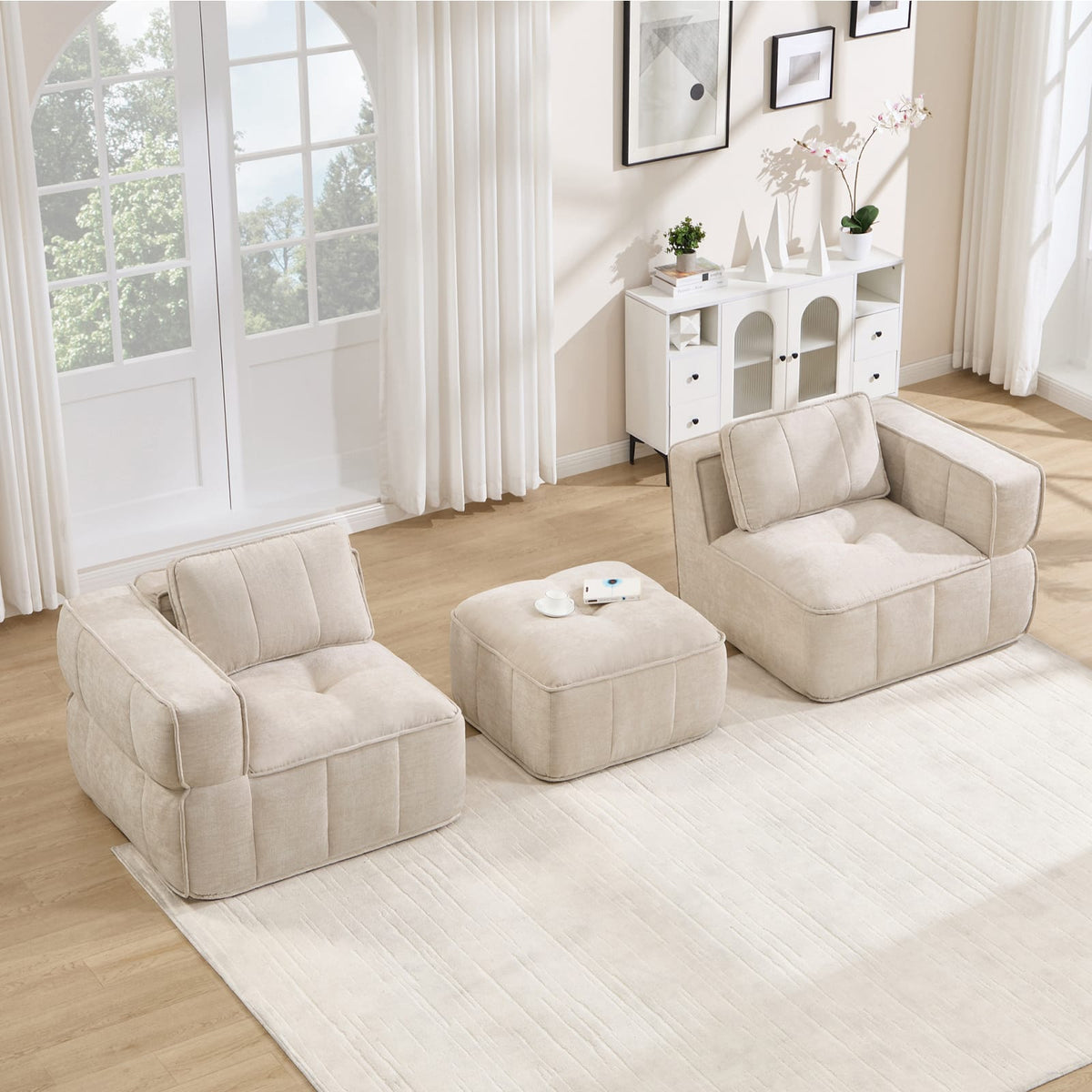 Canapé Modulable en Polyester Beige avec Pouf beige - vue 3