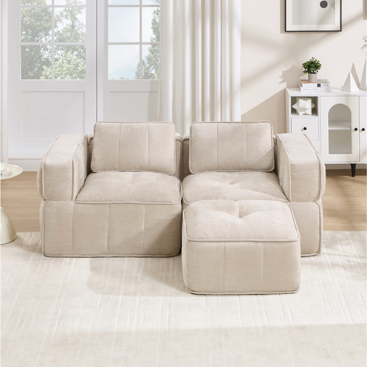 Canapé Modulable en Polyester Beige avec Pouf beige - vue 6