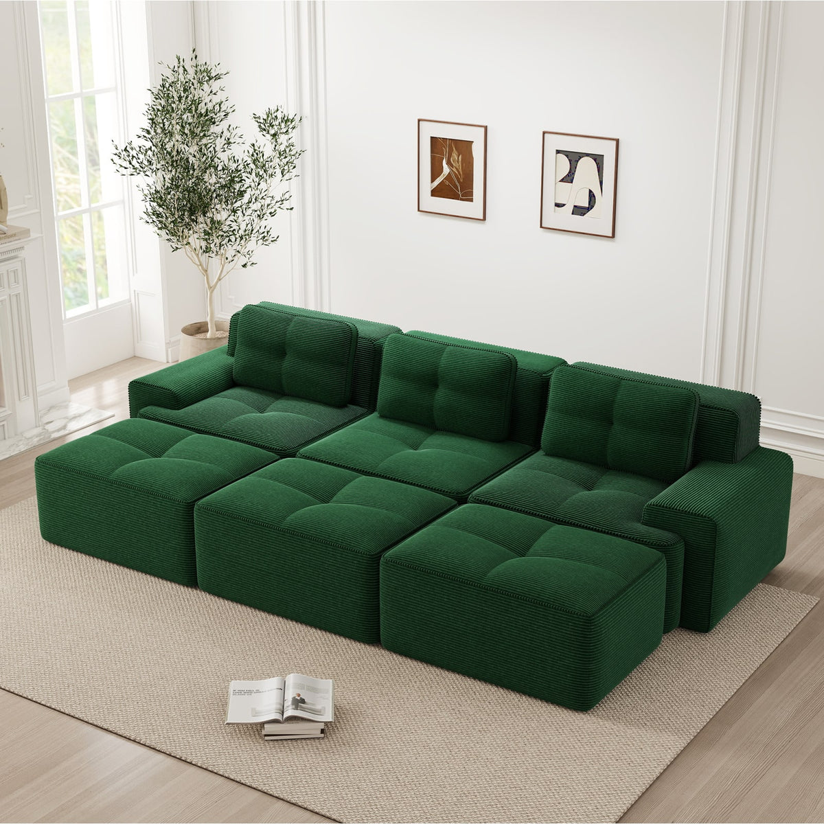 Canapé Modulable Convertible en Velours Côtelé Vert vert - vue 2