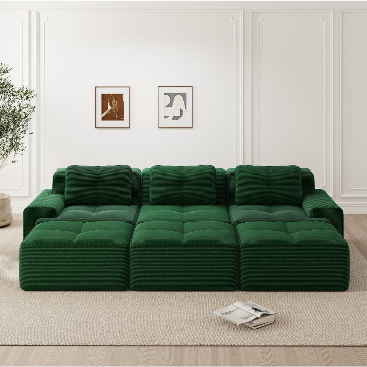 Canapé Modulable Convertible en Velours Côtelé Vert vert - vue 5