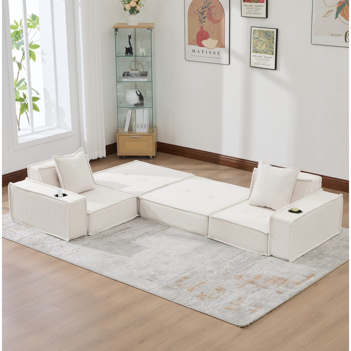 Canapé Modulable en Velours Côtelé Beige avec Rangement beige - vue 4