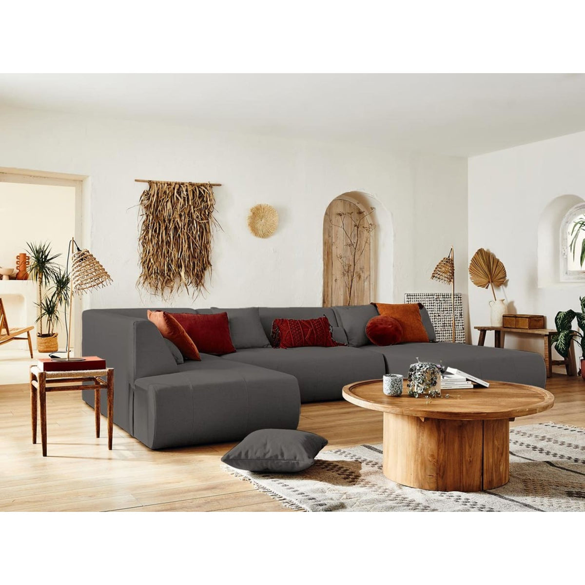 Canapé Modulable Panoramique d'Angle Gauche 7 Places en Tissu Gris gris - vue 2