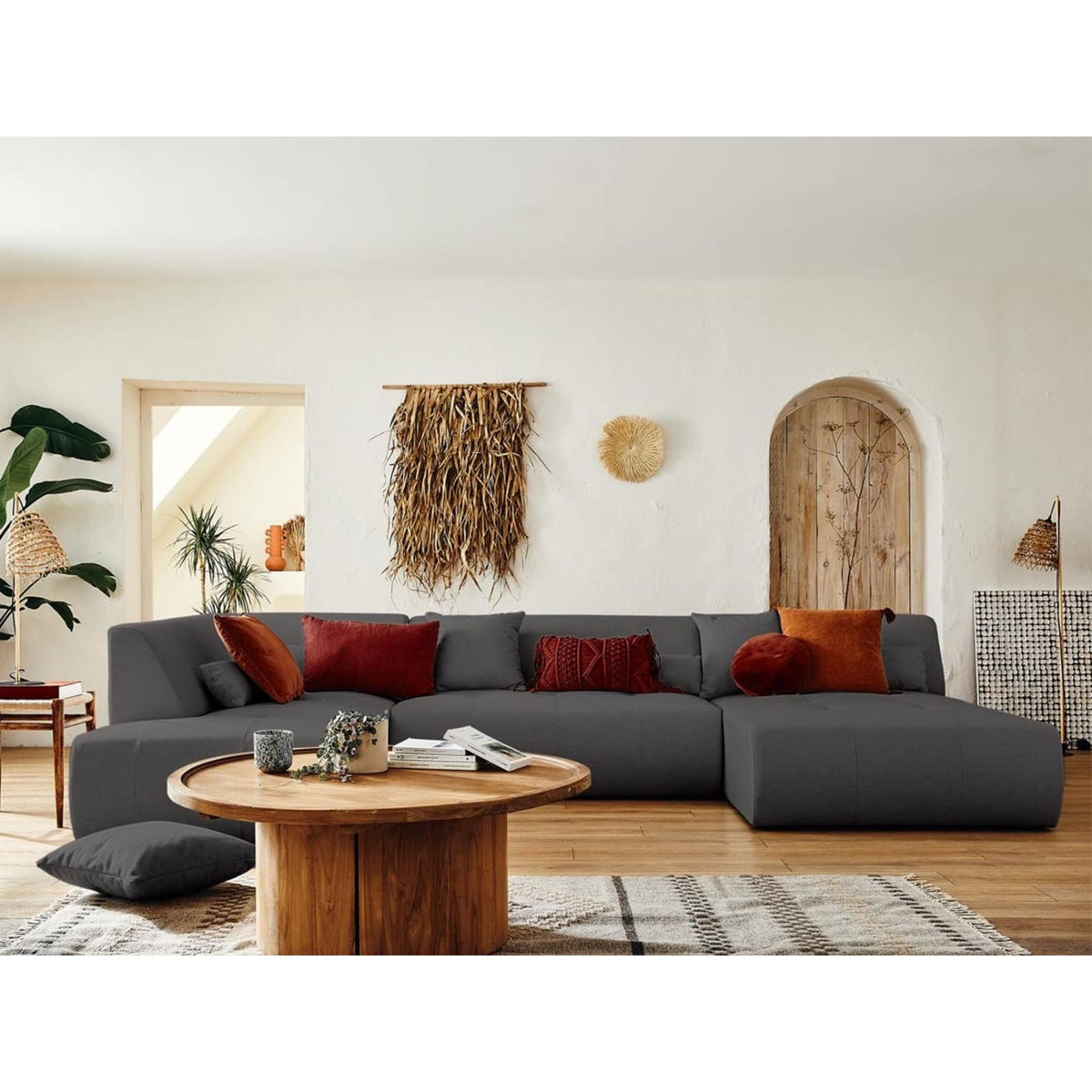 Canapé Modulable Panoramique d'Angle Gauche 7 Places en Tissu Gris gris - vue 3