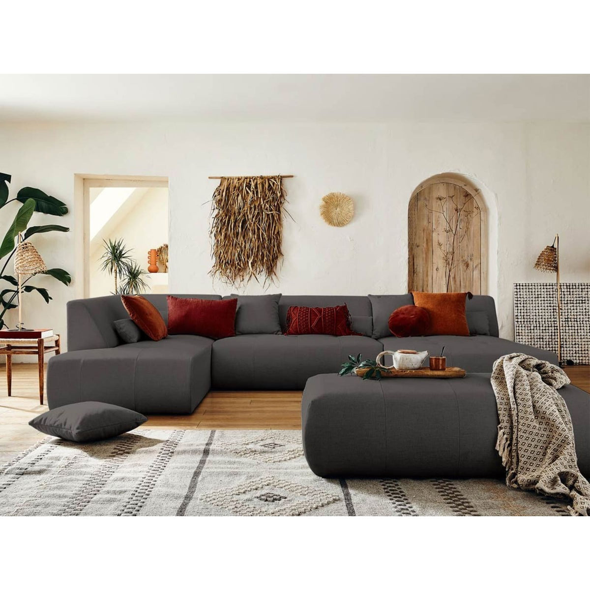 Canapé Modulable Panoramique d'Angle Gauche 7 Places en Tissu Gris gris - vue 5