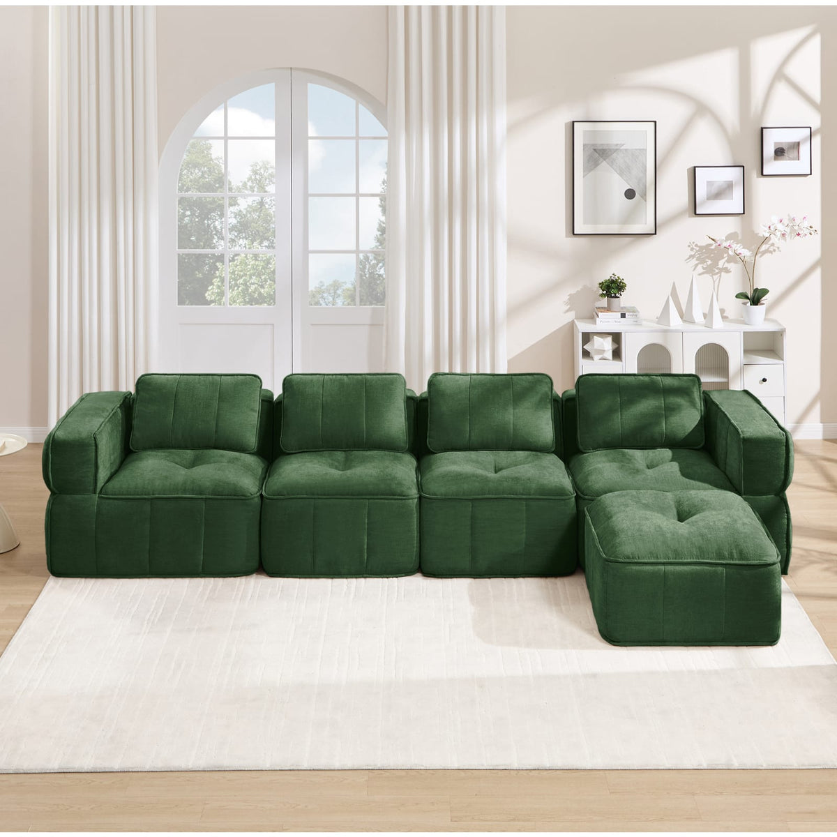 Canapé Modulable 4 Places en Polyester Vert avec Pouf vert - vue 3
