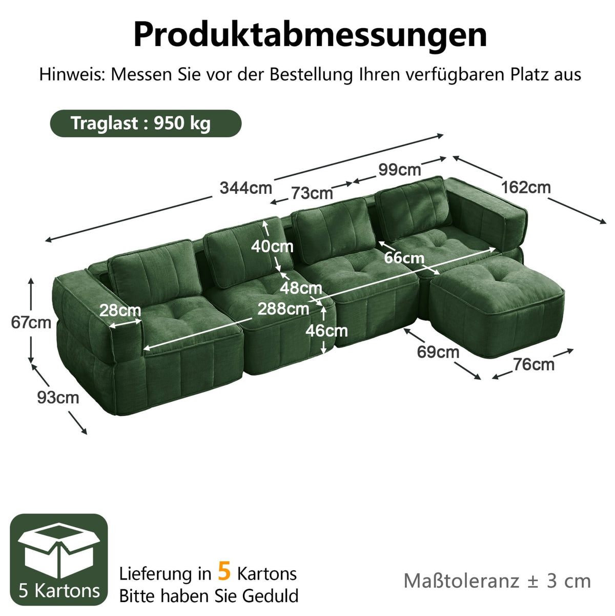 Canapé Modulable 4 Places en Polyester Vert avec Pouf vert - vue 6