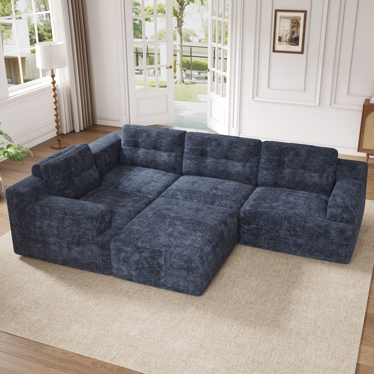 Canapé Modulable en Chenille Bleue avec Pouf bleue - vue 2