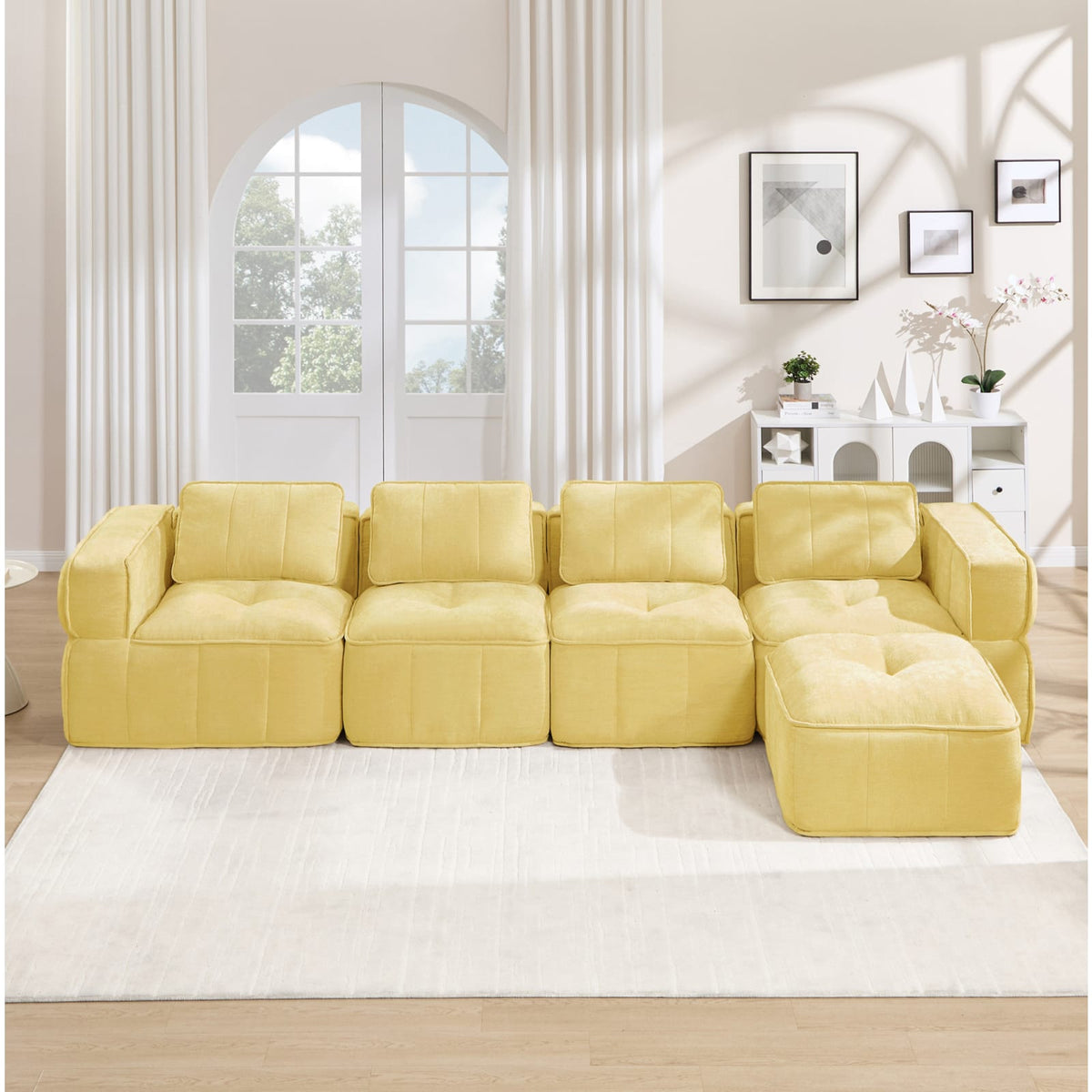 Canapé Modulable en Polyester Jaune avec Pouf jaune - vue 2