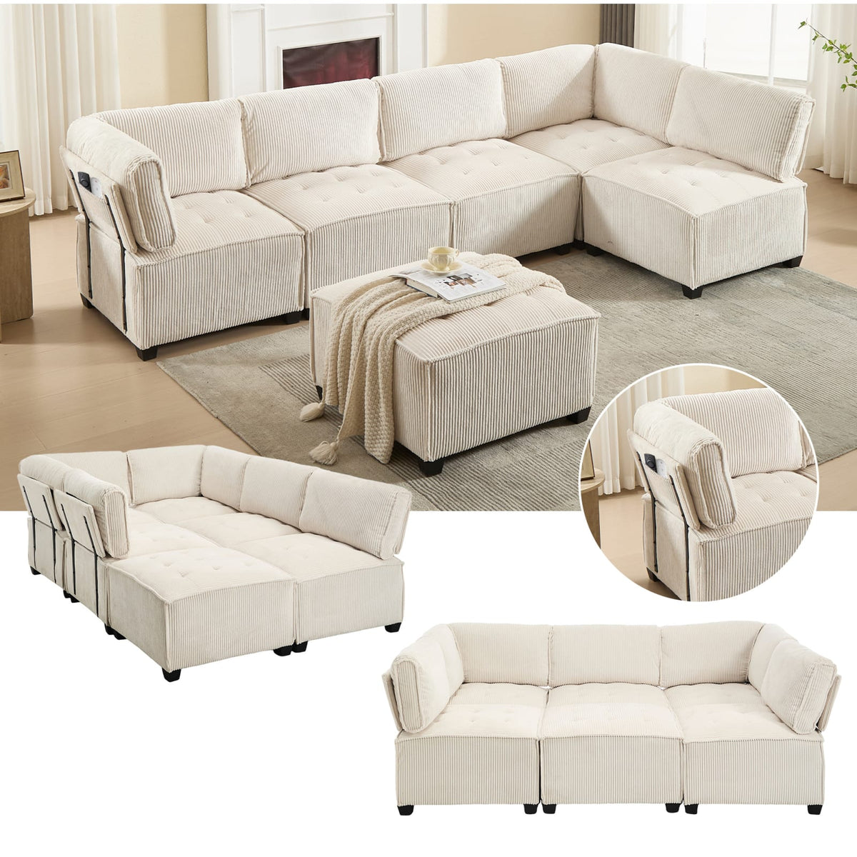 Canapé Modulable en Velours Côtelé Beige 6 Places beige - vue 5