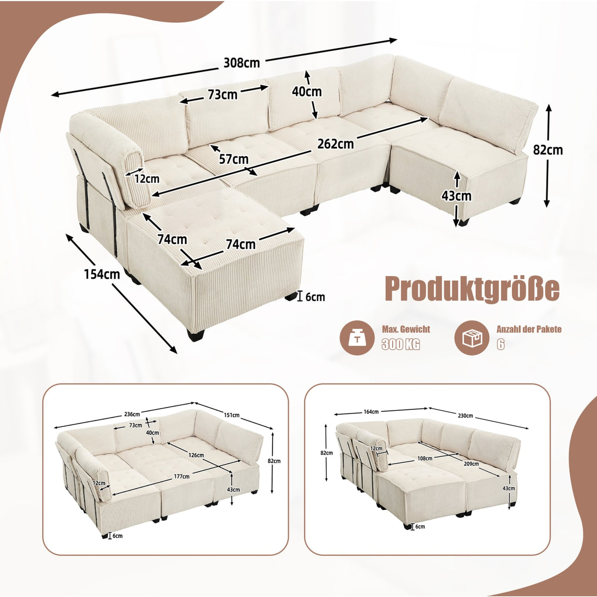 Canapé Modulable en Velours Côtelé Beige 6 Places beige - vue 4