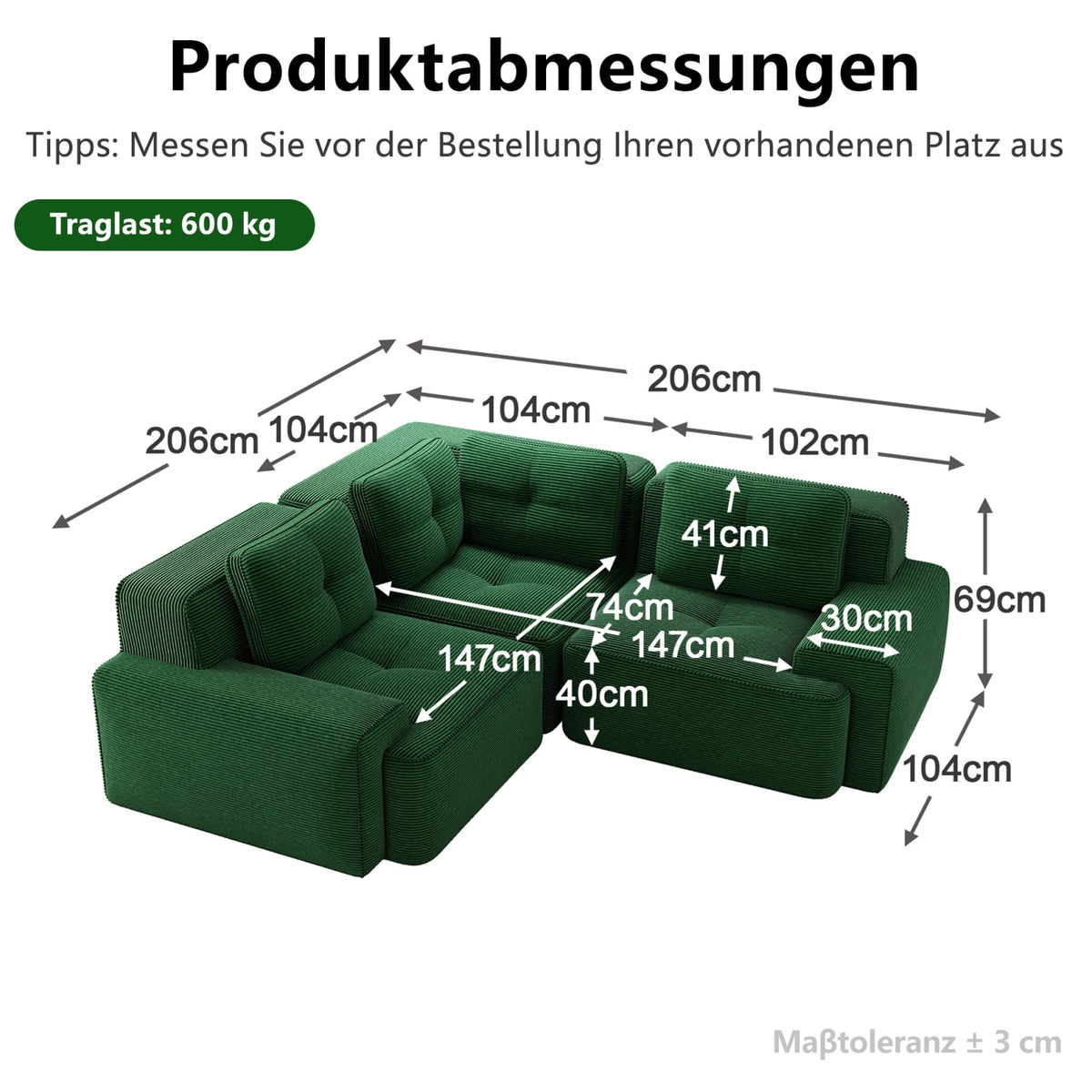 Canapé d'Angle Modulable en Velours Côtelé Vert vert - vue 4