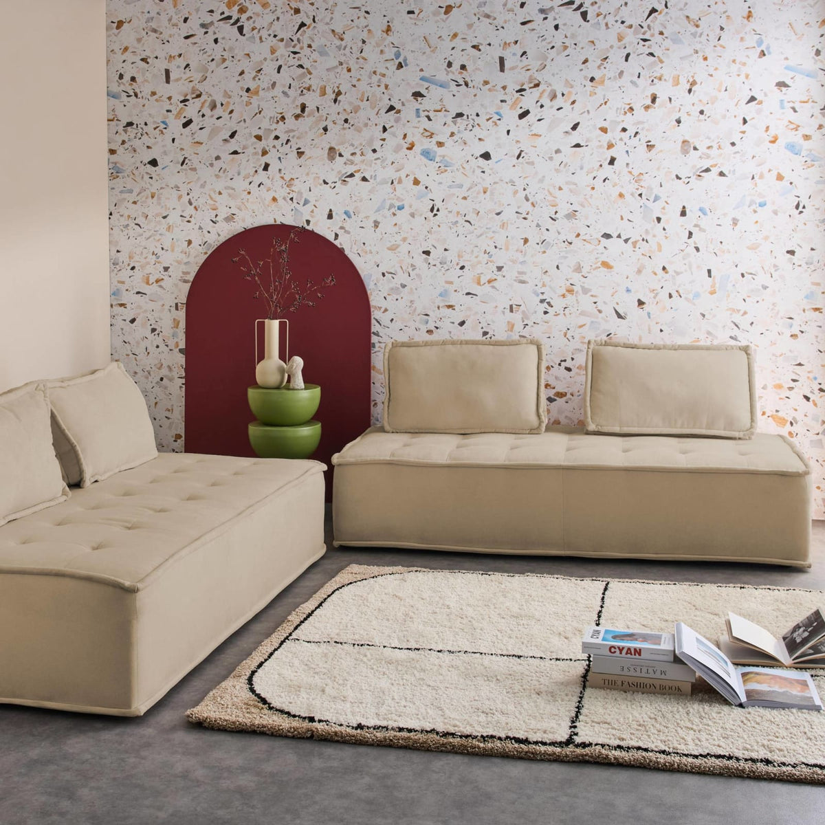 Lot de 2 Chauffeuses Modulables en Tissu Capitonné Beige beige - vue 2