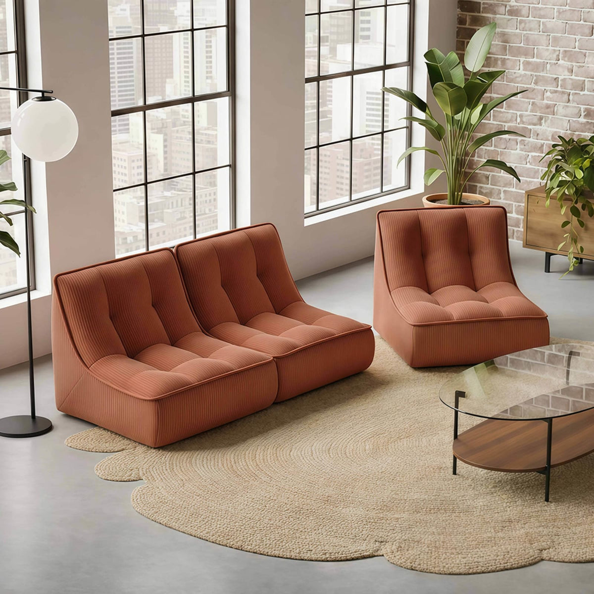 Lot de 3 Fauteuils Modulables en Velours Côtelé Terracotta terracotta - vue 3
